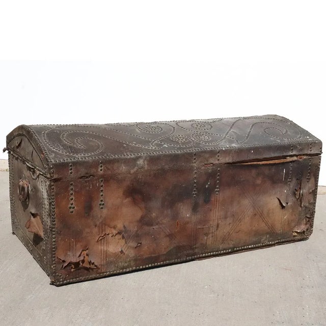Brown 18th Century Portuguese Baroque Leather Studded Dome-Top Coffer Trunk For Sale - Image 8 of 13