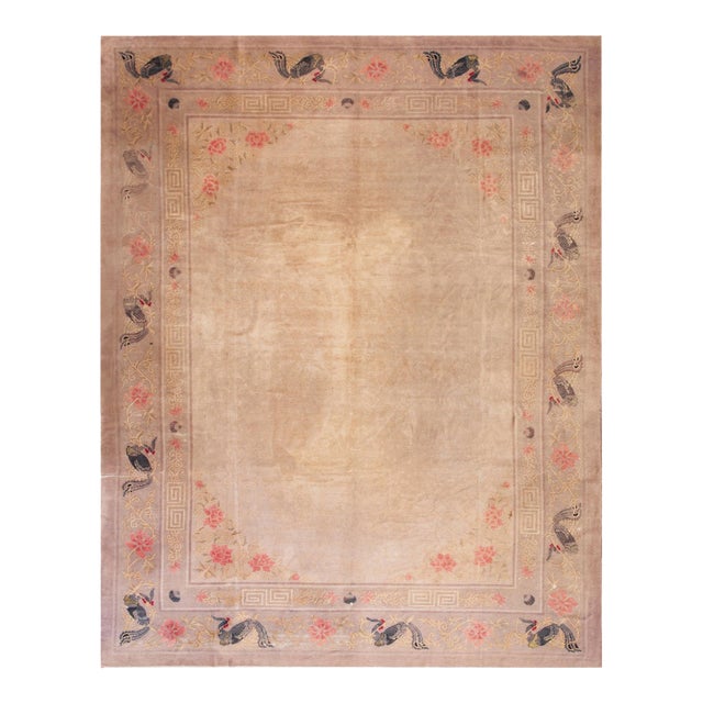 Astonishing Sand Background Color With Allover-Floral Design Antique Chinese Peking Rug For Sale