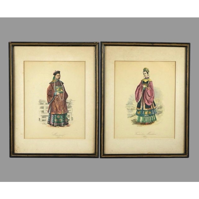 White Antique Oriental Colored Lithograph Mandarin Prints Man & Woman of Royalty - Set of 2 For Sale - Image 8 of 8