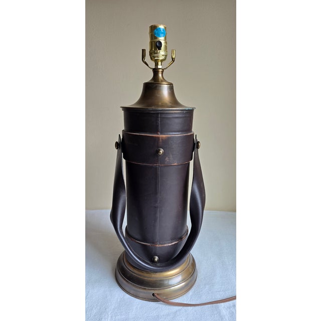 Vintage English Leather and Brass Cordite Table Lamp For Sale - Image 11 of 12