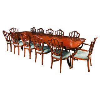 Vintage 20th Century 12ft Twin Pillar Dining Table & 12 Federal Dining Chairs, Set of 13 For Sale