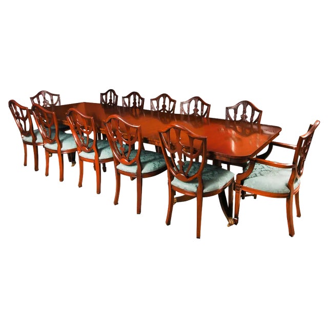 Vintage 20th Century 12ft Twin Pillar Dining Table & 12 Federal Dining Chairs, Set of 13 For Sale