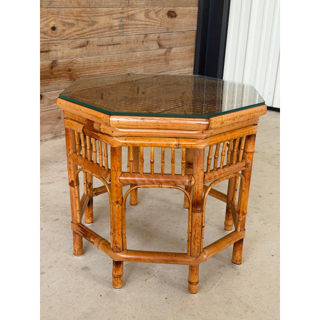 Vintage Octagonal Bamboo and Cane Side Table With Glass Top For Sale In Naples, FL - Image 6 of 12