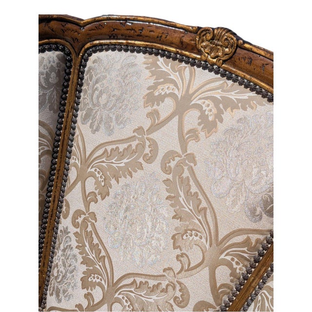 Wood Late 20th Century French Provincial Louis XV Style Carved Wingback Bergère Chair in Damask For Sale - Image 7 of 12