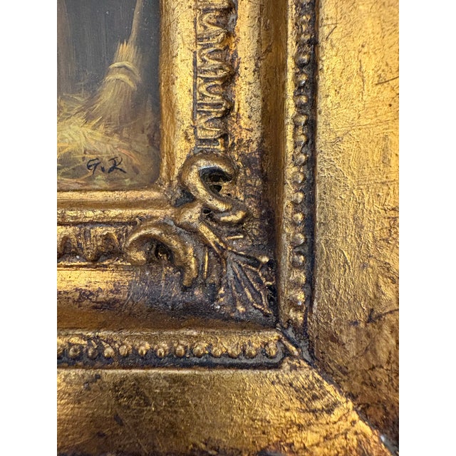 Vintage Miniature Rooster & Hens Oil Painting in Ornate Gilt-Style Frame For Sale - Image 10 of 12