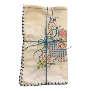 Vintage Collectibles 1930’s 1940’s Cross Stitch Embroidery Tablecloth With Blue Embroidered Trim, Ecru, Polish Fork Art