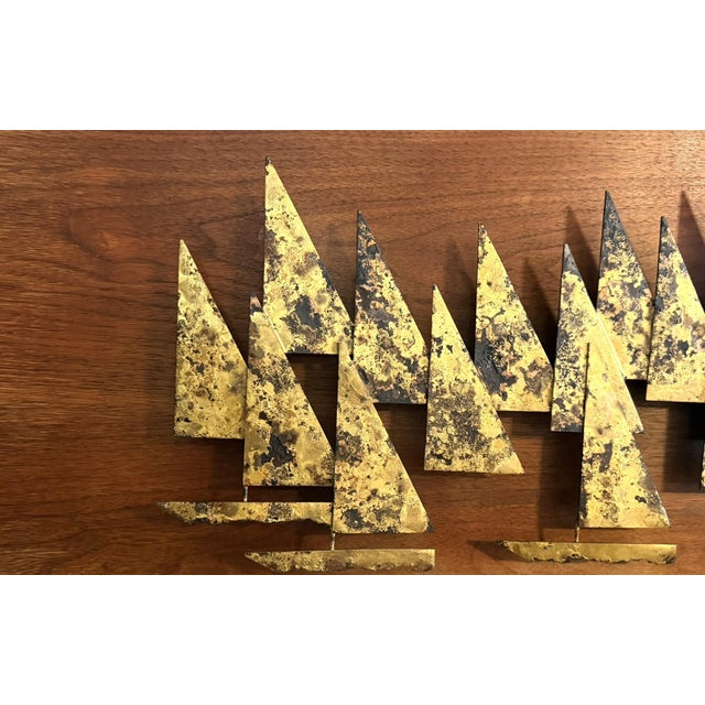 Peter Pepper Products 1960s Peter Pepper Brass Sailboats Wall Sculpture on Walnut Panel | Mid-Century Modern California Brutalist Art For Sale - Image 4 of 9