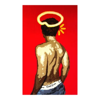 Cedric Vu "Too Noble to Curb" Tufted Yarn Portrait, Back Figure, Golden Halo, Deep Red, Contemporary California Textile Art, Pop Art, 2025 For Sale