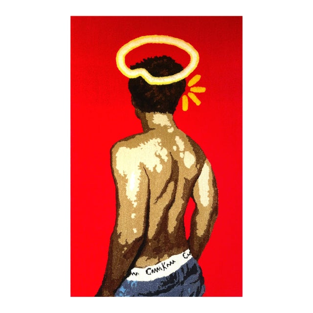 Cedric Vu "Too Noble to Curb" Tufted Yarn Portrait, Back Figure, Golden Halo, Deep Red, Contemporary California Textile Art, Pop Art, 2025 For Sale
