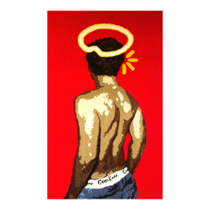 Cedric Vu "Too Noble to Curb" Tufted Yarn Portrait, Back Figure, Golden Halo, Deep Red, Contemporary California Textile Art, Pop Art, 2025