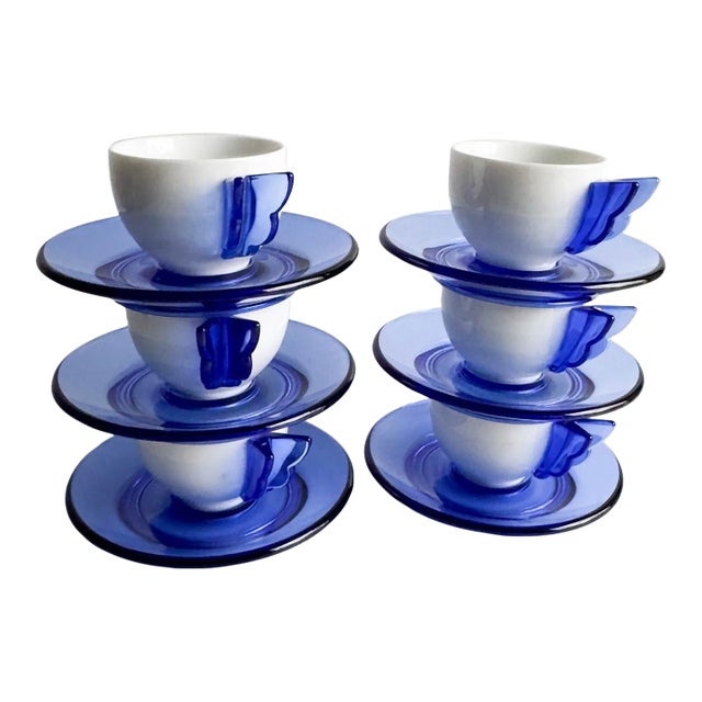 Vintage Guzzini Espresso Cups and Saucers – Set of 6 – Blue & White – New in Box – Italian Modern Design For Sale