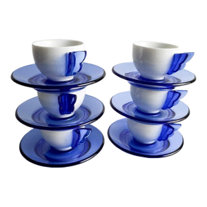 Vintage Guzzini Espresso Cups and Saucers – Set of 6 – Blue & White – New in Box – Italian Modern Design