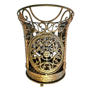 Scrolled Wrought Iron & Rattan Wastebasket -Elegant Yet Rustic For Sale