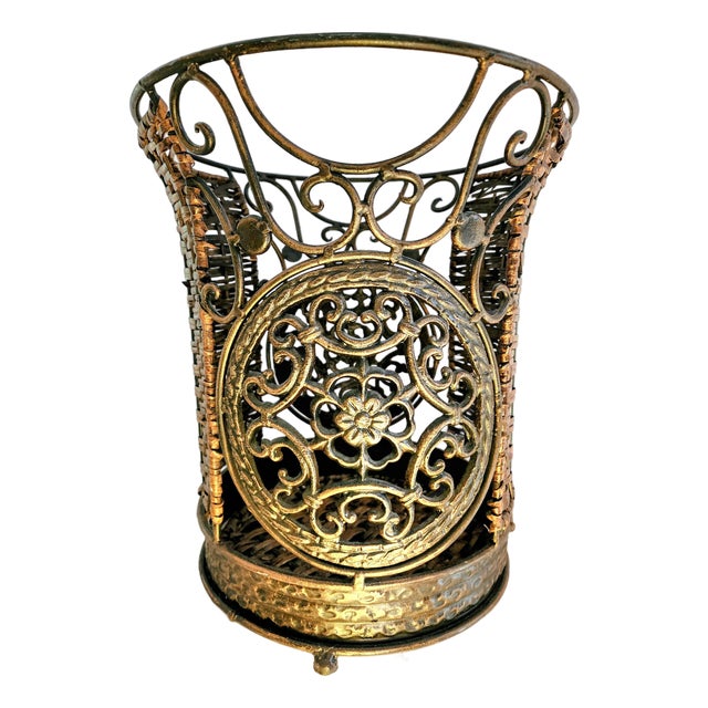 Scrolled Wrought Iron & Rattan Wastebasket -Elegant Yet Rustic For Sale