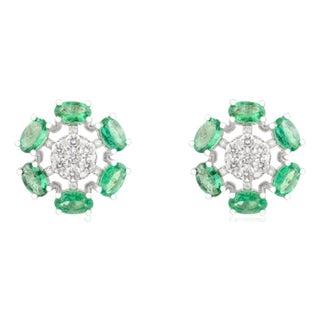 14k Versatile Emerald Diamond Flower Cluster Stud Earrings- A Pair For Sale