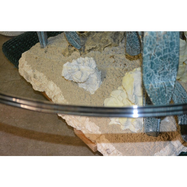 Metal VTG Metal / 'Bronze' Aqua Patina Sea Turtles Ocean Round Glass Coffee Table For Sale - Image 7 of 18