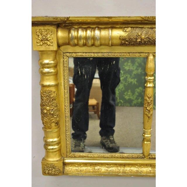 Antique American Federal Gold Giltwood Overmantle 66" Triple Mirror For Sale - Image 9 of 12