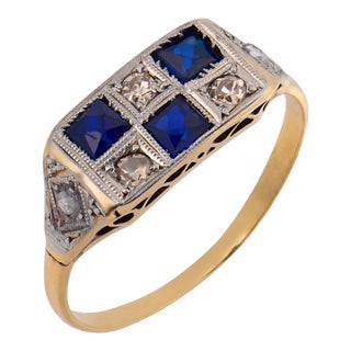 1910s Edwardian Synthetic Sapphire Diamond 18k Yellow Gold Checkerboard Ring, Size 6.25 For Sale