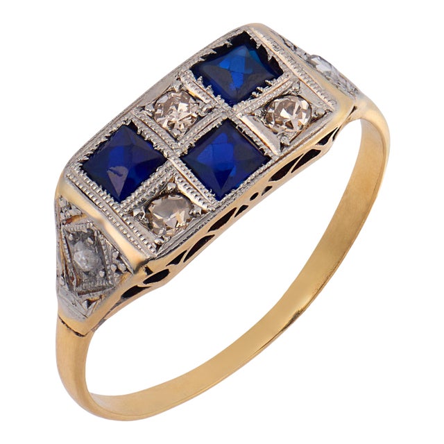 1910s Edwardian Synthetic Sapphire Diamond 18k Yellow Gold Checkerboard Ring, Size 6.25 For Sale