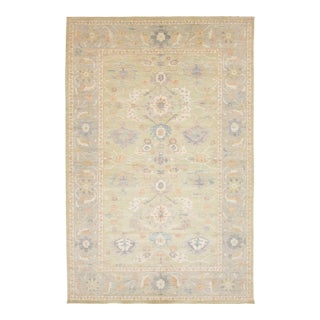 Serene Sage & Pastels Modern Oushak Style Hand-Knotted Wool Area Rug 12x19 For Sale