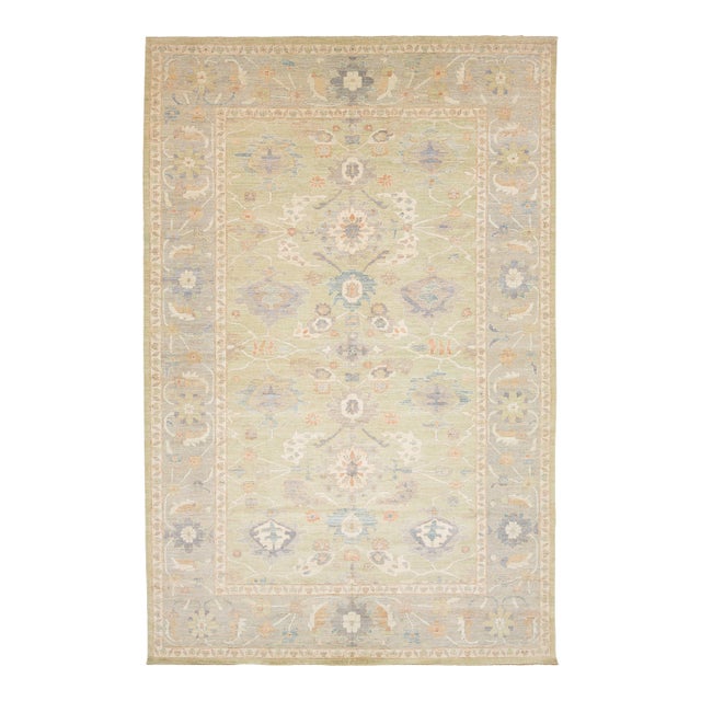 Serene Sage & Pastels Modern Oushak Style Hand-Knotted Wool Area Rug 12x19 For Sale