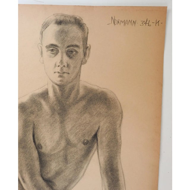 Vintage 1950's charcoal male figural study drawing by Charles Berkeley Normann (1903-1985) Texas and Norway, signed upper...