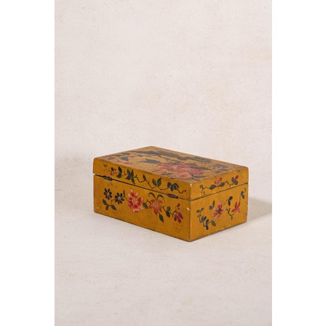 English Vintage Hand Painted Mustard + Floral Box For Sale - Image 3 of 8