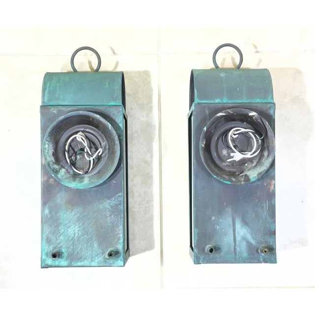 1970s Pair of Custom Hand-Crafted Solid Copper Wall Lanterns -17”x 6”25 Wide X 7”deep For Sale - Image 5 of 10