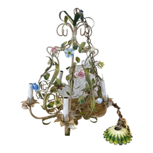 Vintage Italian Tole Chandelier With Pastel Porcelain Flowers