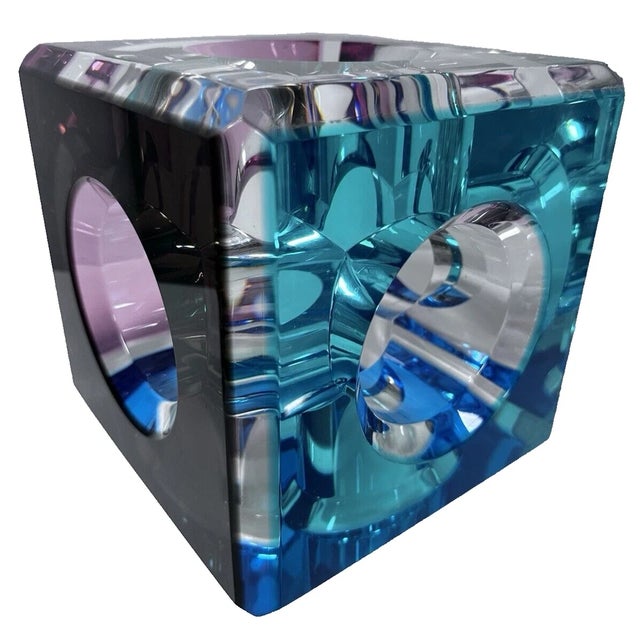 Large Unsigned Shlomi Haziza Style Inversion Cube Colorful Iridescent Prism Lucite Sculpture w/ Stand. The colors change...
