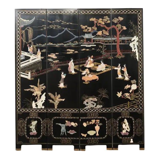Chinese Export Four Panel Carved Soapstone Coromandel Screen For Sale