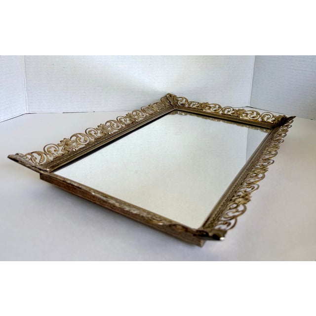 Vintage Hollywood Regency Pierced Gold-Tone Metal Wall or Vanity Mirror For Sale - Image 4 of 10