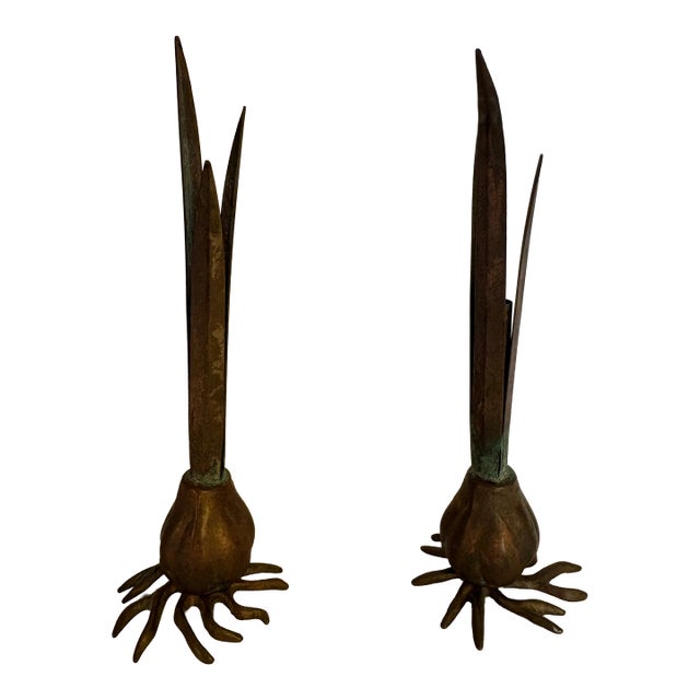 1980s Miniature Carnevale Metal Bulb Vases, Verdigris, a Rare Pair For Sale