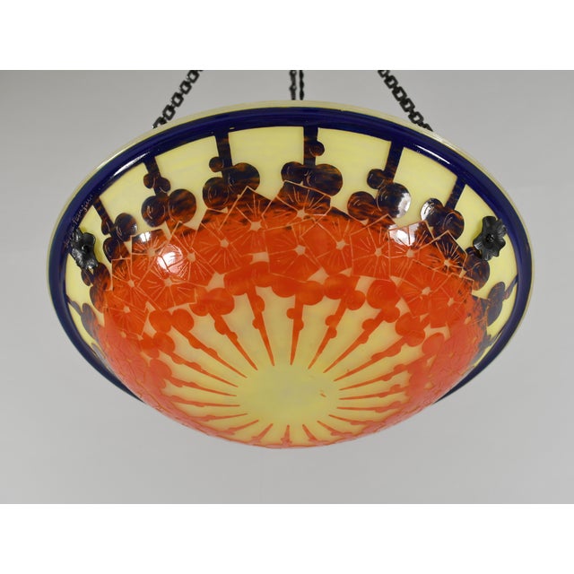 Metal French Art Deco Pendant Light by Le Verre Francais Schneider - 1925 Cameo Chandelier France For Sale - Image 7 of 13