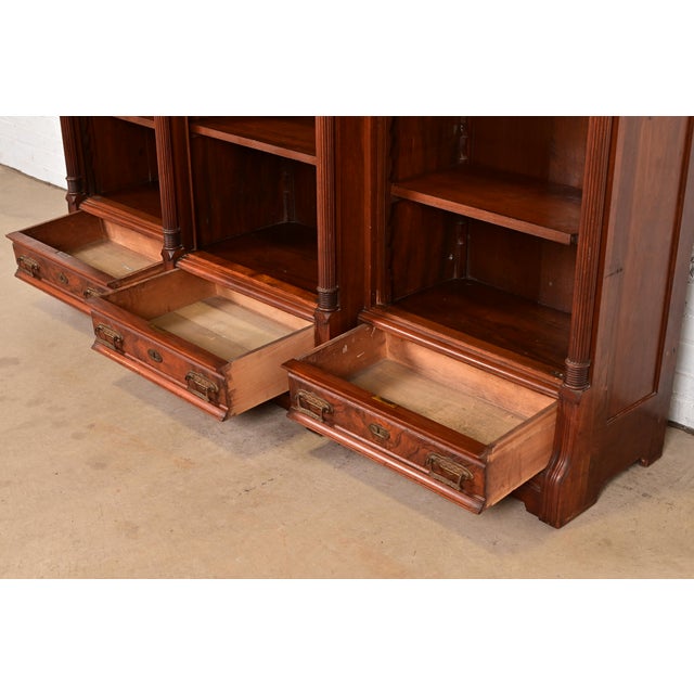 Herter Brothers Style Antique Eastlake Victorian Carved Walnut and Burl Wood Triple Bookcase, Circa 1880s For Sale In South Bend - Image 6 of 11
