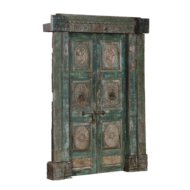 Wood Antique Indian Carved and Painted Teakwood “Krishna” Door + Frame For Sale - Image 7 of 8