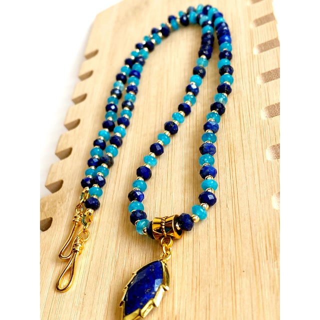Artisan Handcrafted Lapis Lazuli Pendant Necklace in Blue Chalcedony and Golden Hematite For Sale - Image 10 of 15