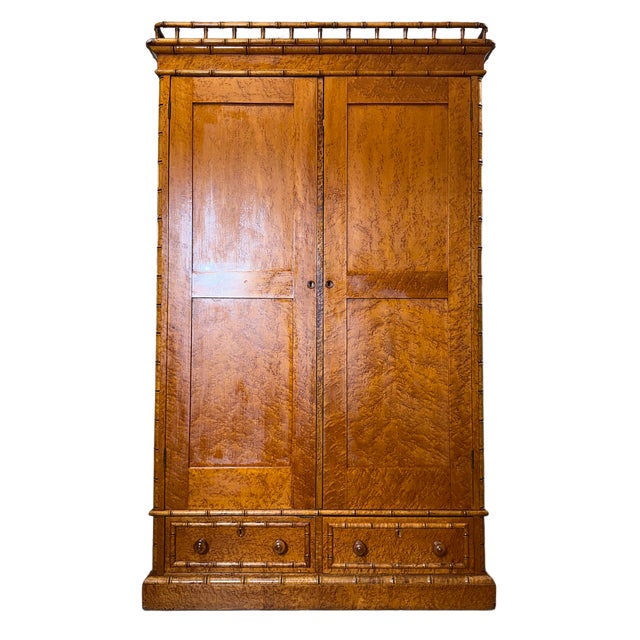 Chinoiserie Early 20th Century French Belle Époque Faux Bamboo Bird's-Eye Maple Armoire For Sale - Image 3 of 14