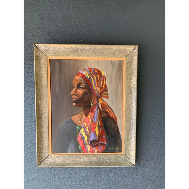 Red Beautiful African Woman Oil on Board Painting by Elwood Fries For Sale - Image 8 of 11