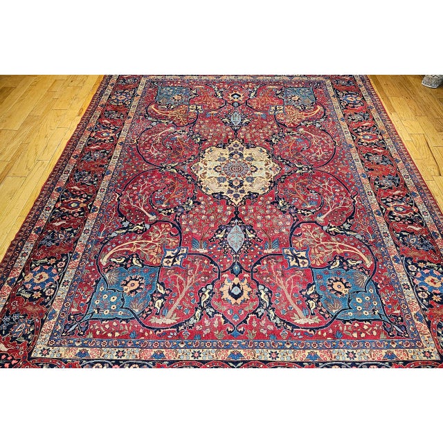 Vintage Persian Tabriz Rug, Hand-Knotted Wool, Garden Floral Pattern, Crimson & Turquoise, 11x15 For Sale - Image 13 of 18