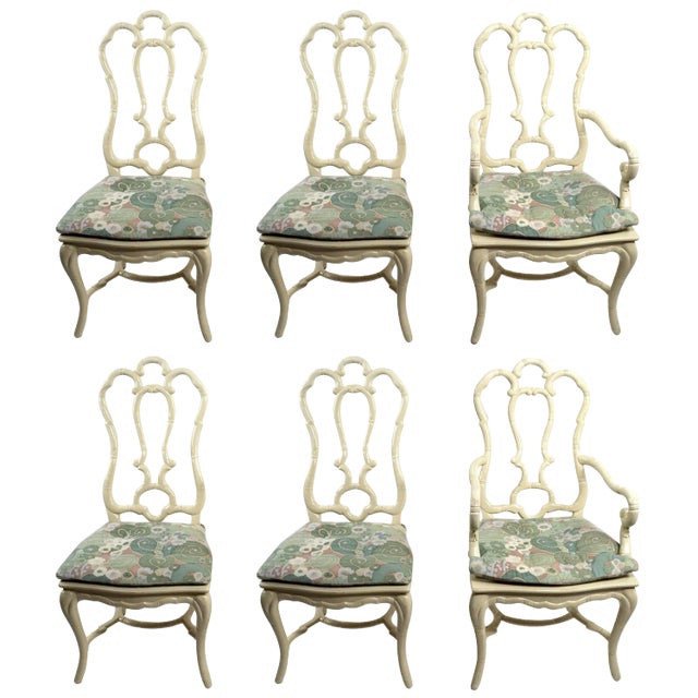 Set of Six White Lacquer Queen Anne Dining Chairs For Sale