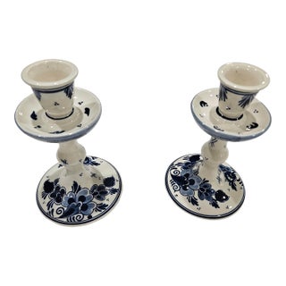 Pair of Royal Goedewaagen Blue Delft Hand-Painted Candlesticks, Holland For Sale