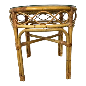 Vintage Round Old Florida Glass Top Bamboo Drinks / Side Table