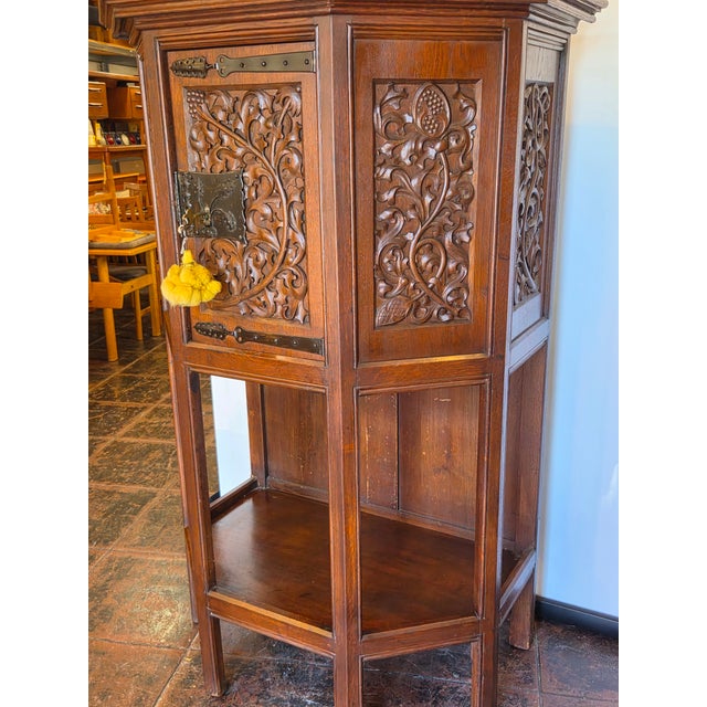 Gothic Oak French Highly Carved Liquor Cabinet With Gothic Foliage and Original 1880s Key For Sale - Image 9 of 13