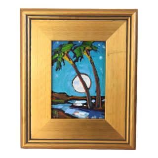 William Hawkins Palm Trees & Moon Landscape Painting Including the Antiqued Gold Wood Frame For Sale