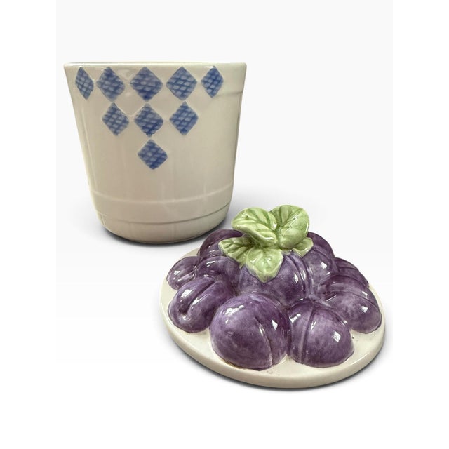 Late 20th Century Vintage Treasure Craft Hopscotch Plum Cookie Jar, Blue & White Ceramic For Sale - Image 5 of 6