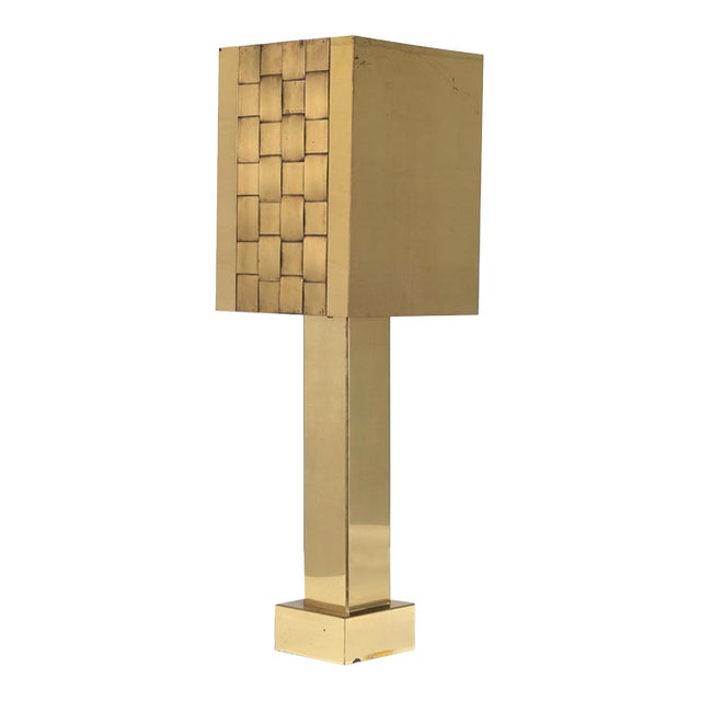 1970s C. Jere Overscale Brass Lamp With Brass Cube Shade For Sale