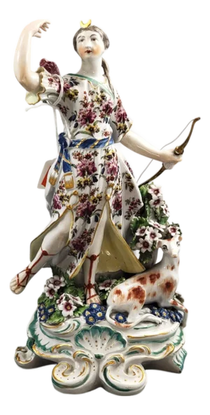 Porcelain Figure of Diana with a Hunting Dog from Derby, 1760s