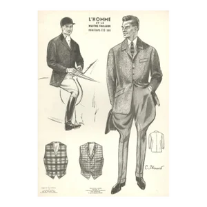 1960 French Mid-Century Men's Tailoring Fashion Lithograph for Horseback Riding