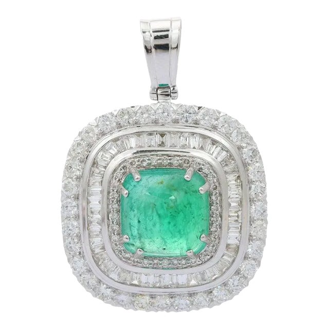 7.57ct Emerald Halo Pendant Necklace in 18k White Gold by VRJewels For Sale